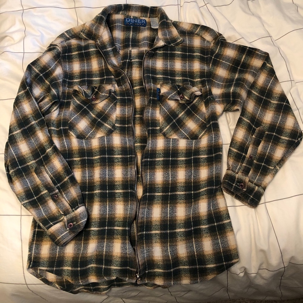 Vintage Green Plaid Zip Up Flannel